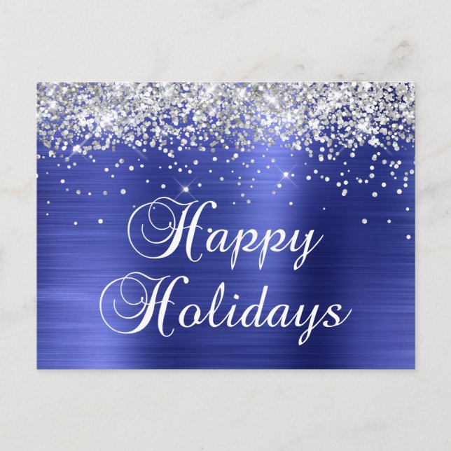 Happy Holidays Silver Glittery Faux Blue Foil Holiday Postcard (Front)