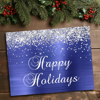 Happy Holidays Silver Glittery Faux Blue Foil Holiday Postcard