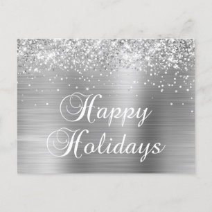 Happy Holidays Silver Glittery Faux Foil Holiday Postcard