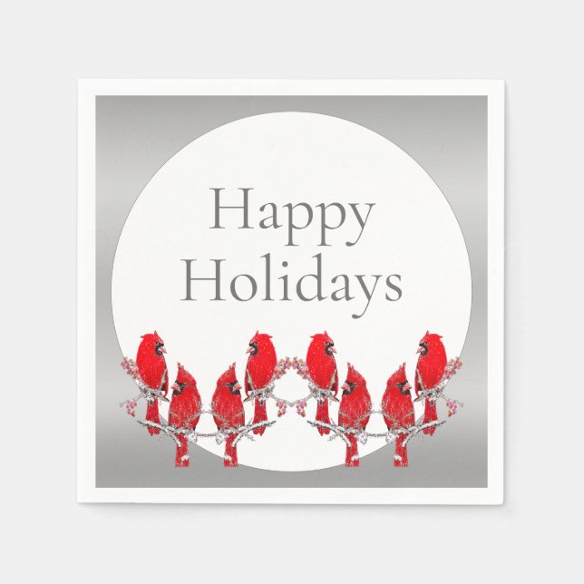 Happy Holidays Silver Red Cardinal Napkins (Front)