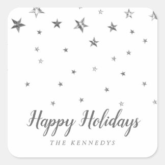 Happy Holidays Silver Stars Family Name Christmas  Square Sticker