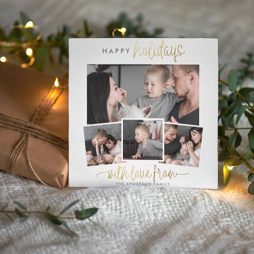 Happy Holidays Simple Gold Script 4 Photo Collage Holiday Card