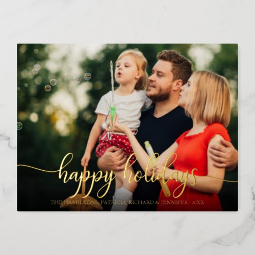 Happy Holidays Simple Modern Calligraphy Photo Foi Foil Holiday Postcard