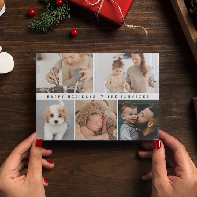 Happy Holidays Simple Modern Photo collage Holiday Postcard (Customizable family photo collage grid happy holidays postcard)