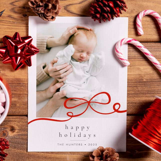Happy Holidays Simple Red Ribbon Christmas Photo Holiday Card (Creator Uploaded)