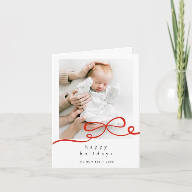 Happy Holidays Simple Red Ribbon Photo Folded Card (Front)