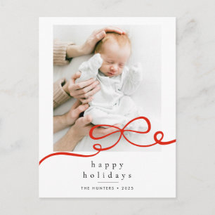 Happy Holidays Simple Red Ribbon Photo Holiday Postcard