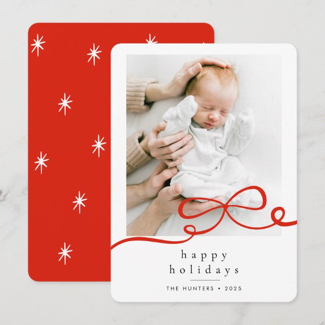 Happy Holidays Simple Red Ribbon Photo Rounded Holiday Card (Front/Back)