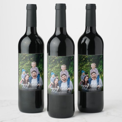 Happy Holidays Simple Script Christmas Photo Wine Label