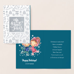 Happy Holidays. Skating Kids Custom Name Luxury Foil Card