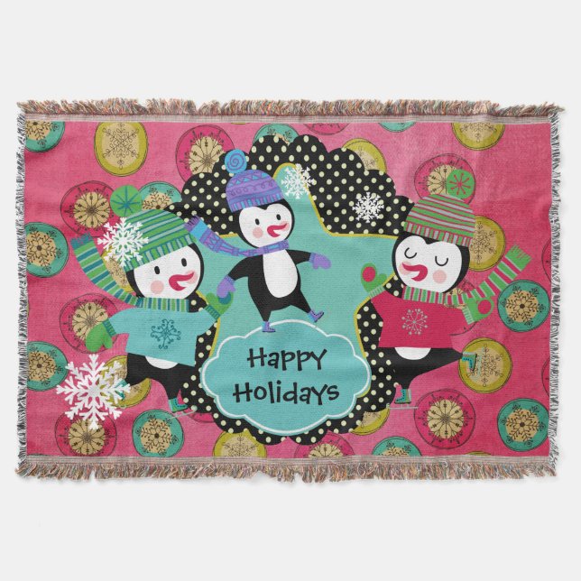 Happy Holidays Skating Penguins Holiday Throw Throw Blanket (Front)