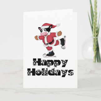 Happy Holidays Skating Santa Cow Holiday Card