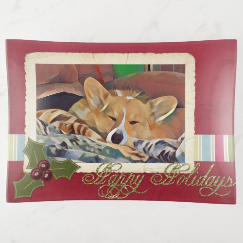 Happy Holidays Sleeping Corgi Trinket Tray