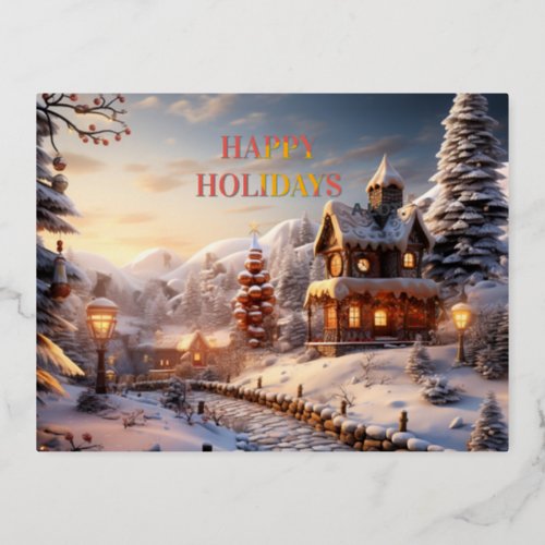 Happy Holidays Snow_Covered Village Foil Holiday Postcard