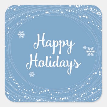 Happy Holidays Snow Dots  Blue And White  Elegant Square Sticker by GoodThingsByGorge at Zazzle