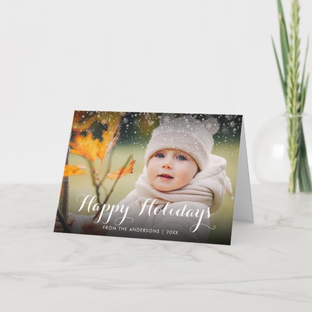 Happy Holidays Snow Photo Classic Christmas Holiday Card (Front)