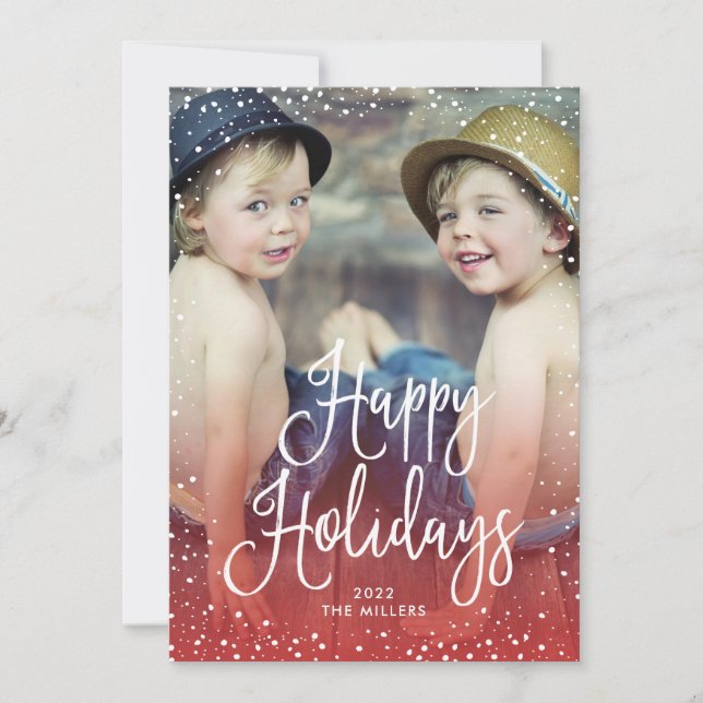 Happy Holidays Snow RED Photo Holiday Card (Front)
