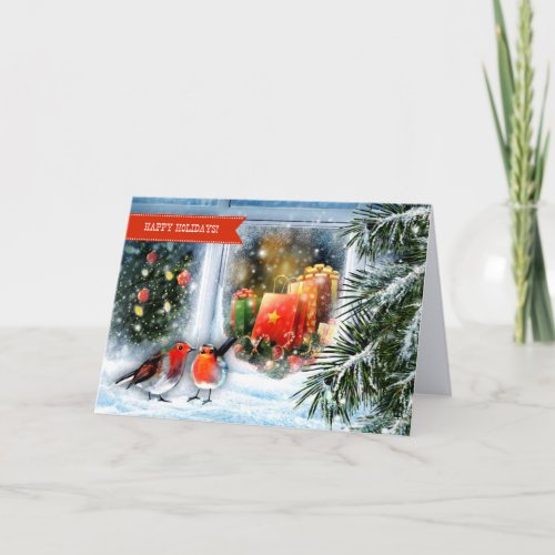 Happy Holidays Snow Window Scene Christmas Holiday Card