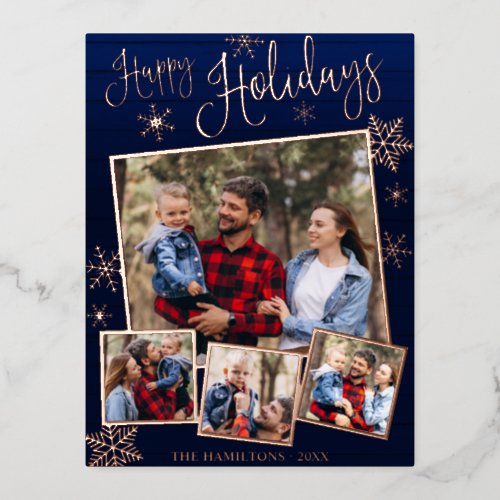 Happy Holidays Snowflake 4 Photos Collage Family F Foil Holiday Postcard