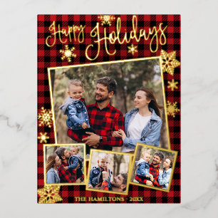 Happy Holidays Snowflake 4 Photos Collage Family Foil Holiday Postcard