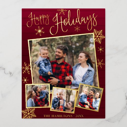 Happy Holidays Snowflake 4 Photos Collage Family Foil Holiday Postcard