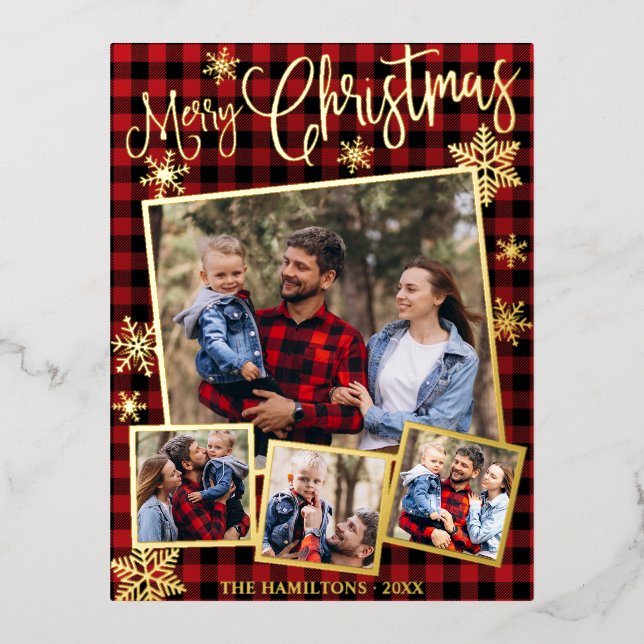 Happy Holidays Snowflake 4 Photos Collage Foil Holiday Postcard (Front)