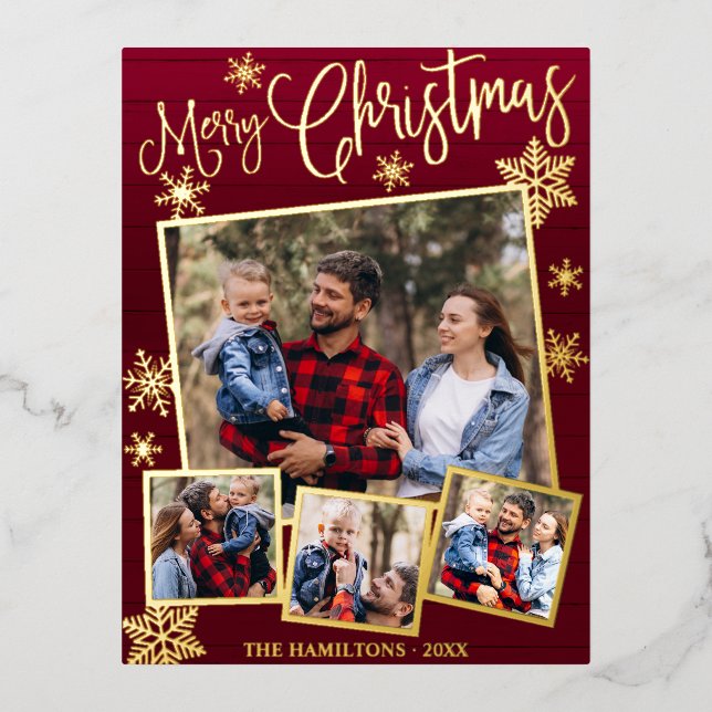 Happy Holidays Snowflake 4 Photos Collage Foil Holiday Postcard (Front)
