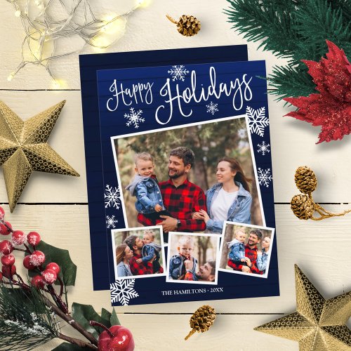 Happy Holidays Snowflake 4 Photos Collage Rustic Invitation