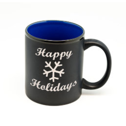 Happy Holidays Snowflake Matte Black &amp; Blue Mug