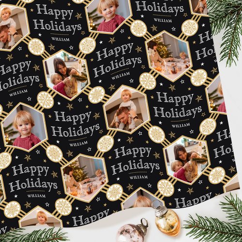 Happy Holidays Snowflake Photo Black White Gold Wrapping Paper