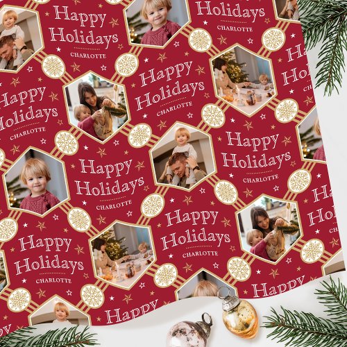 Happy Holidays Snowflake Photo Deep Red Gold Wrapping Paper