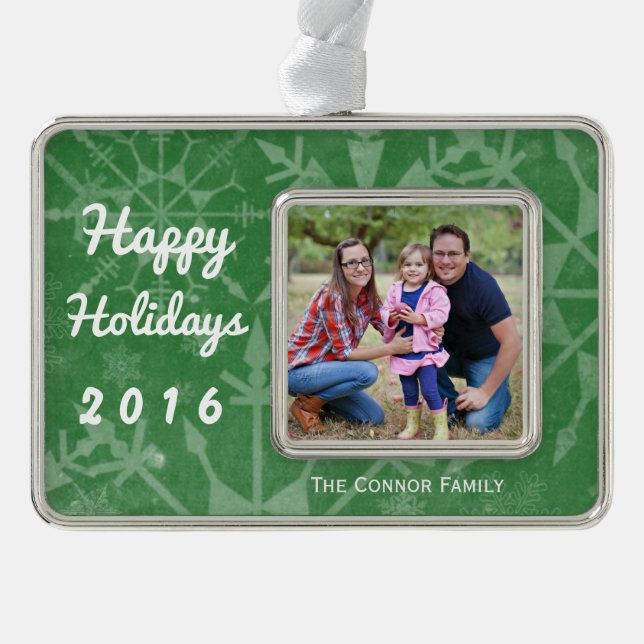 Happy Holidays Snowflake Photo Keepsake Silver Plated Framed Ornament (Front)