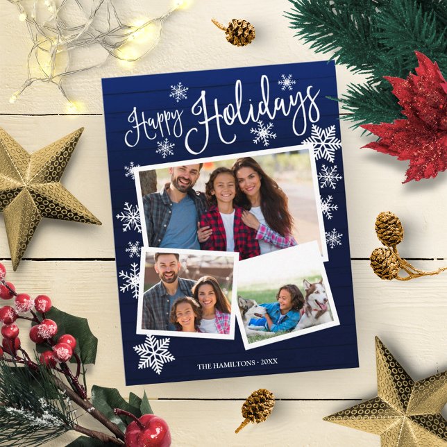 Happy Holidays Snowflake Rustic 3 Photos Collage Postcard (Creator Uploaded)