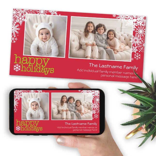 Happy Holidays Snowflakes - 2 photos - horizontal Holiday Card (Add photos to this Christmas card and download a copy to send electronically or post on social media)