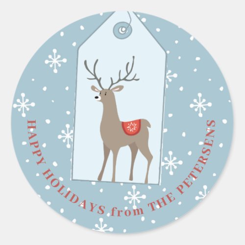 Happy Holidays snowflakes and a reindeer blue Classic Round Sticker