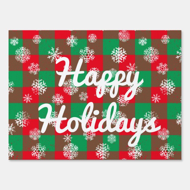 Happy Holidays Snowflakes Christmas Buffalo Plaid Yard Sign (Front)