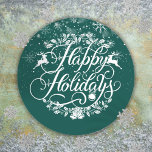Happy Holidays Snowflakes Green Christmas Classic Round Sticker<br><div class="desc">Featuring falling snow over an elegant Happy Holidays design,  you can customize the background color on the front to match your favorite holiday color. Designed by Thisisnotme©</div>
