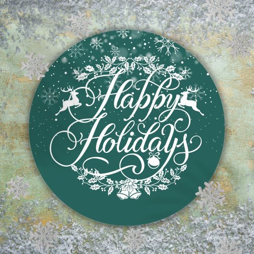 Happy Holidays Snowflakes Green Christmas Classic Round Sticker