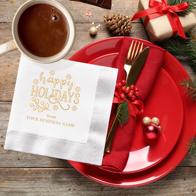 Happy Holidays Snowflakes | Holly Business  Foil Napkins (Festive "Happy Holidays" Snowflakes and Holly Family or Business Name Stamped Foil Napkins)