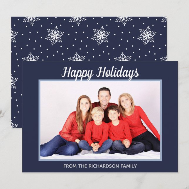 Happy Holidays Snowflakes Navy Blue Photo Frame Holiday Card (Front/Back)