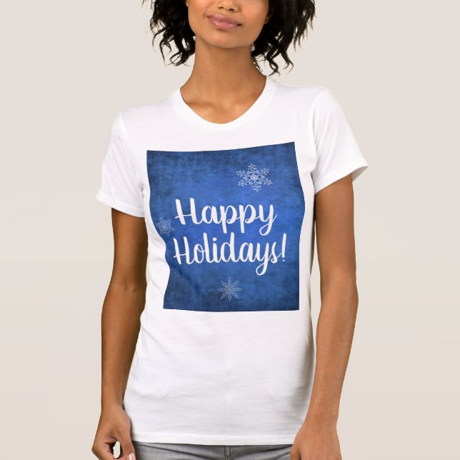 Happy Holidays Snowflakes on Blue T-Shirt (Front)