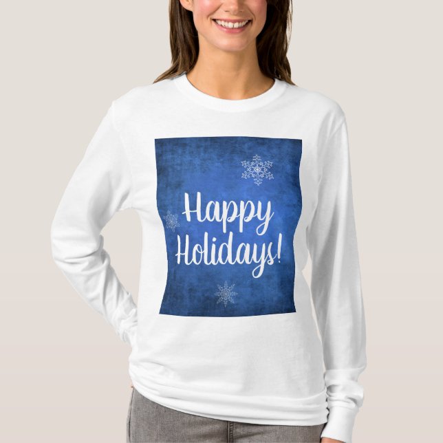 Happy Holidays Snowflakes on Blue T-Shirt (Front)