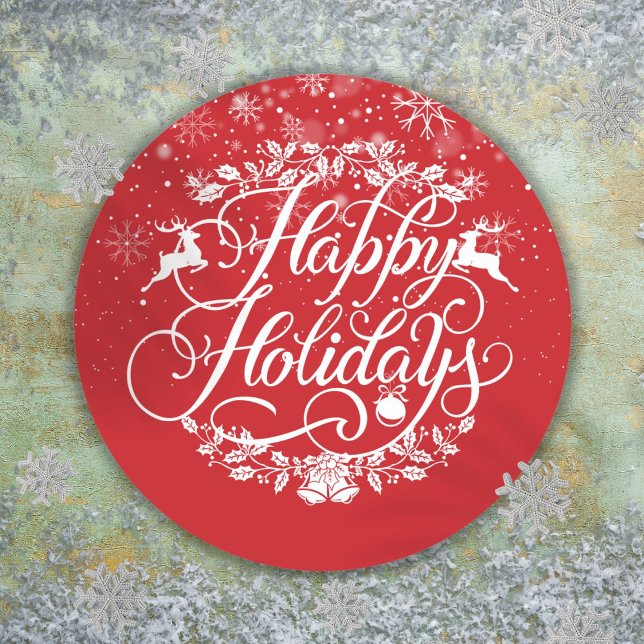 Happy Holidays Snowflakes Red Christmas Classic Round Sticker (Happy Holidays Snowflakes Red Christmas Classic Round Sticker)