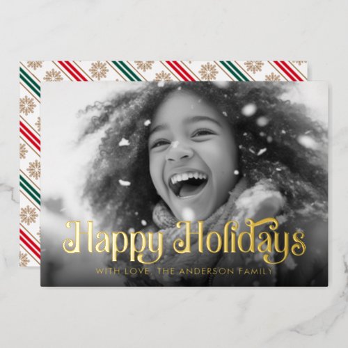 Happy Holidays snowflakes red green stripes photo Foil Holiday Card