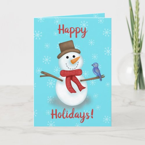 Happy holidays snowman and blue bird custom name holiday card