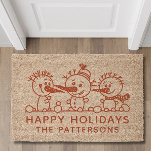 Happy Holidays Snowman Christmas Personalized Name Fiber Doormat
