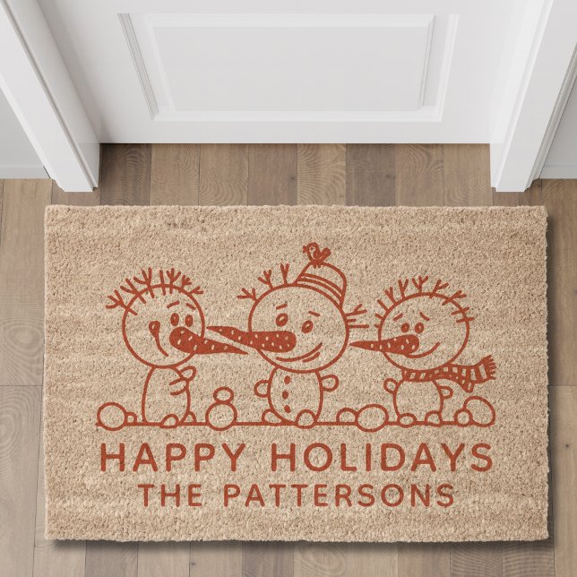 Happy Holidays Snowman Christmas Personalized Name Fiber Doormat (Creator Uploaded)