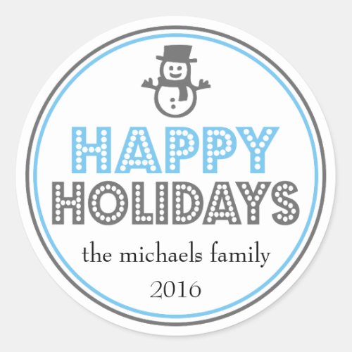 Happy Holidays Snowman Favor Sticker Blue  Gray