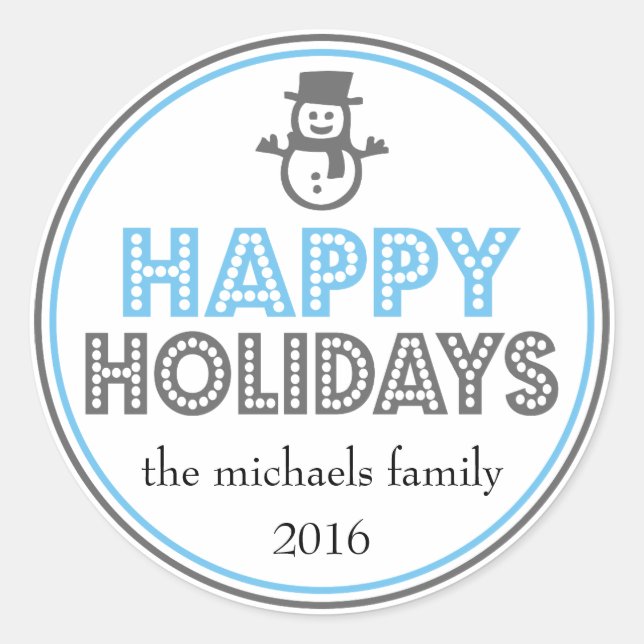 Happy Holidays Snowman Favor Sticker (Blue / Gray) (Front)
