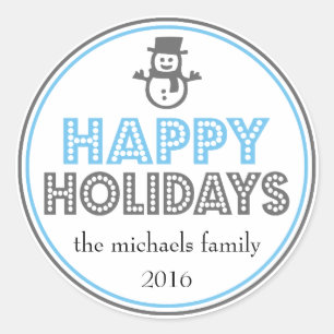 Happy Holidays Snowman Favor Sticker (Blue / Gray)